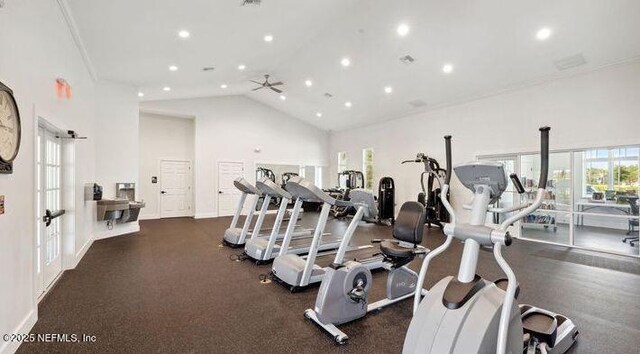 328 Falcon Quest Ln, Saint Augustine, FL 32095 - gym with high vaulted ceiling, recessed lighting, a ceiling fan, french doors, and baseboards