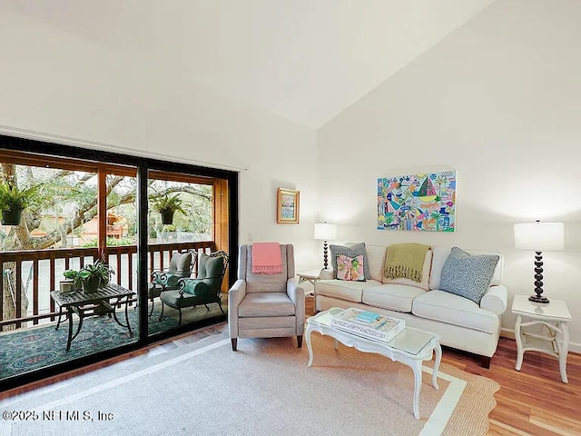 2700 Mizell Ave Unit 402B, Fernandina Beach, FL 32034 - living area with wood finished floors, high vaulted ceiling, and baseboards
