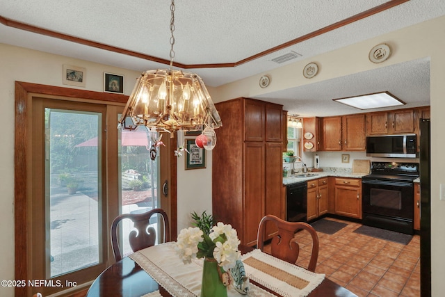 5604 Swamp Fox Rd, Jacksonville, FL 32210 - dining area featuring a textured ceiling, a chandelier, and tile patterned flooring