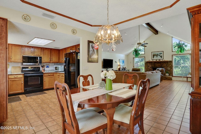 5604 Swamp Fox Rd, Jacksonville, FL 32210 - dining room featuring a chandelier, beam ceiling, a ceiling fan, a fireplace, and light tile patterned flooring