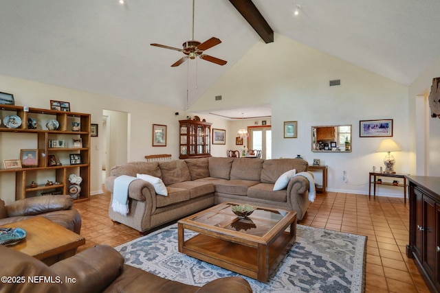 5604 Swamp Fox Rd, Jacksonville, FL 32210 - living room with light tile patterned floors, ceiling fan, beam ceiling, high vaulted ceiling, and baseboards