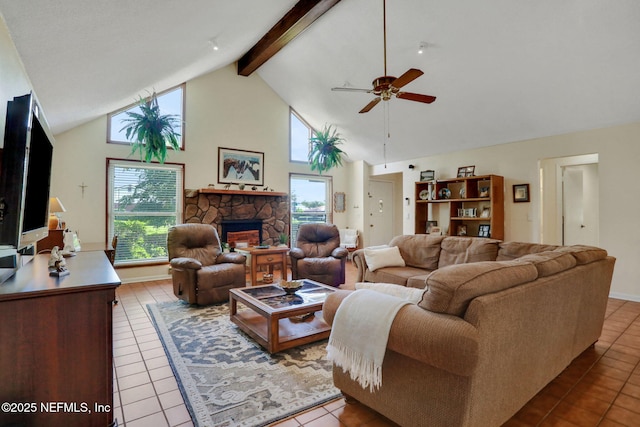 5604 Swamp Fox Rd, Jacksonville, FL 32210 - living room with high vaulted ceiling, tile patterned floors, ceiling fan, a fireplace, and beam ceiling