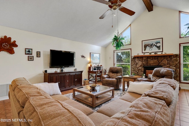 5604 Swamp Fox Rd, Jacksonville, FL 32210 - tiled living area featuring high vaulted ceiling, a ceiling fan, beam ceiling, and a fireplace