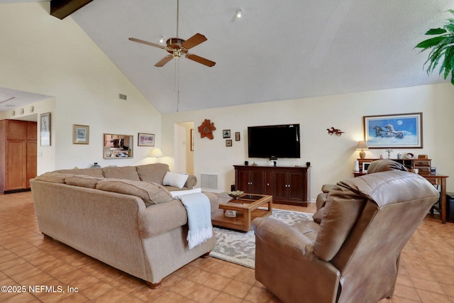 5604 Swamp Fox Rd, Jacksonville, FL 32210 - living area with a ceiling fan, high vaulted ceiling, light tile patterned floors, and beamed ceiling