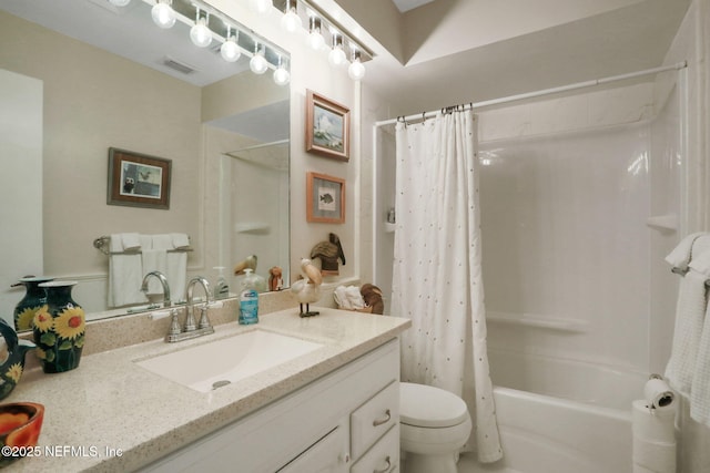 5604 Swamp Fox Rd, Jacksonville, FL 32210 - bathroom with vanity, toilet, and shower / bathtub combination with curtain