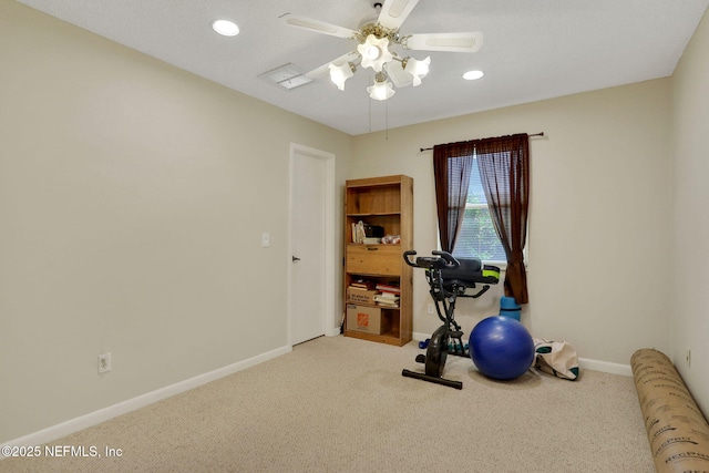 5604 Swamp Fox Rd, Jacksonville, FL 32210 - exercise area featuring a ceiling fan, carpet flooring, baseboards, and recessed lighting