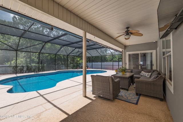 521 Cedar Arbor Ct, Saint Augustine, FL 32084 - view of swimming pool featuring a patio, an outdoor living space, a ceiling fan, and a lanai