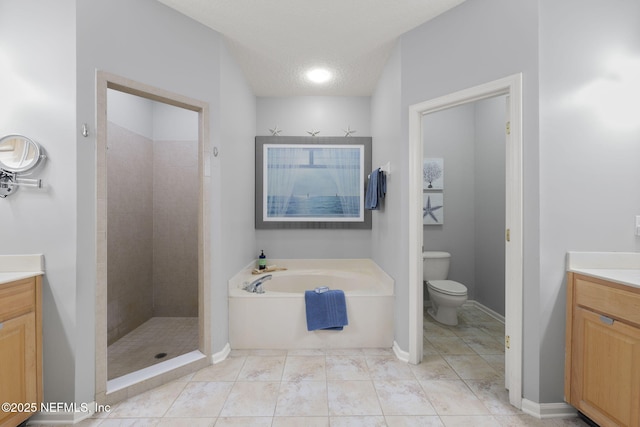 521 Cedar Arbor Ct, Saint Augustine, FL 32084 - bathroom featuring vanity, a bath, toilet, a tile shower, and tile patterned floors