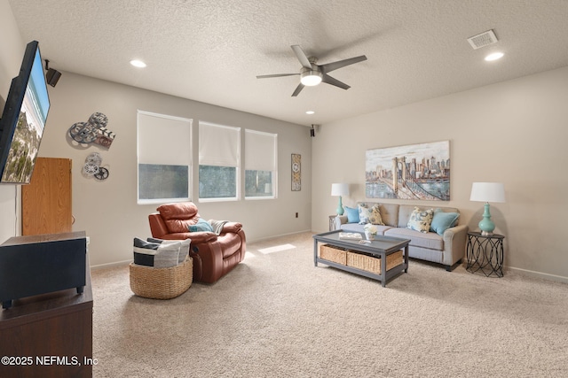 521 Cedar Arbor Ct, Saint Augustine, FL 32084 - living room featuring ceiling fan, carpet floors, a textured ceiling, recessed lighting, and baseboards