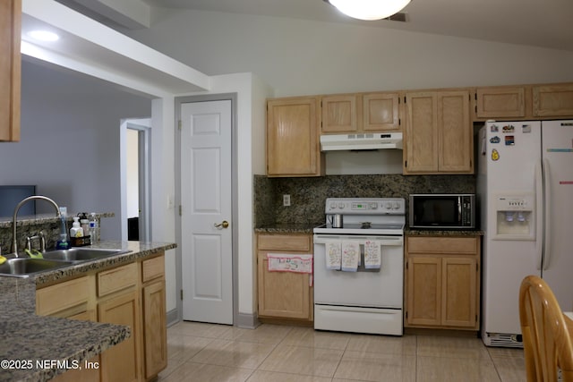 7589 Ginger Tea Trl W, Jacksonville, FL 32244 - kitchen featuring white appliances, a sink, under cabinet range hood, light brown cabinetry, and lofted ceiling