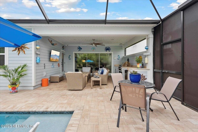 199 Ranch Land Cir, Saint Johns, FL 32259 - view of patio / terrace featuring a ceiling fan, glass enclosure, outdoor dining area, and an outdoor hangout area