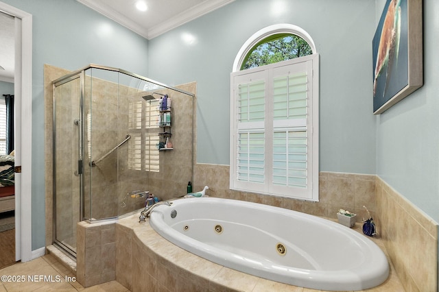5 Augusta Trl, Palm Coast, FL 32137 - full bathroom featuring a shower stall, a jetted tub, ornamental molding, and tile patterned flooring