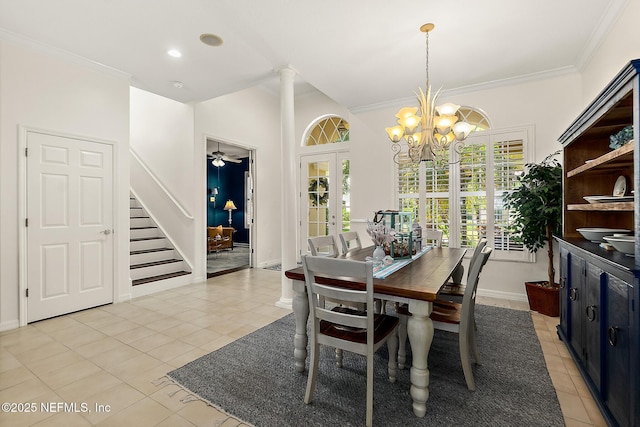5 Augusta Trl, Palm Coast, FL 32137 - dining space with stairway, french doors, light tile patterned floors, ornamental molding, and baseboards