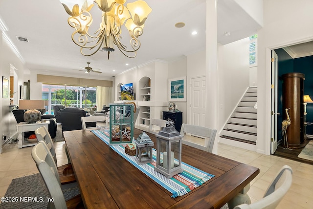 5 Augusta Trl, Palm Coast, FL 32137 - dining area featuring light tile patterned floors, stairway, crown molding, a chandelier, and built in shelves