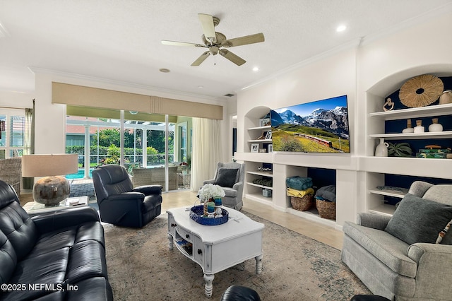 5 Augusta Trl, Palm Coast, FL 32137 - living room featuring built in features, ceiling fan, ornamental molding, plenty of natural light, and recessed lighting