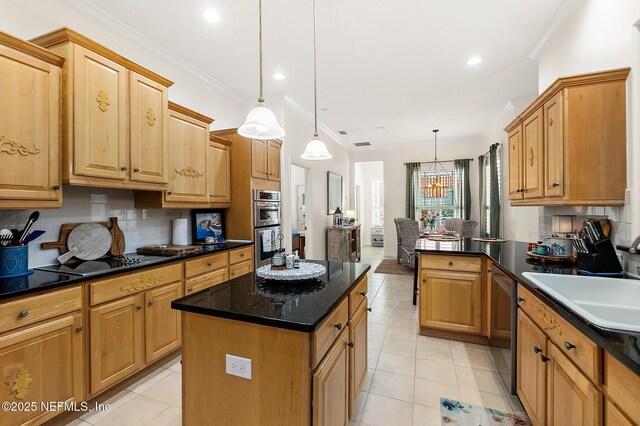 5 Augusta Trl, Palm Coast, FL 32137 - kitchen featuring a sink, appliances with stainless steel finishes, light tile patterned flooring, decorative backsplash, and ornamental molding