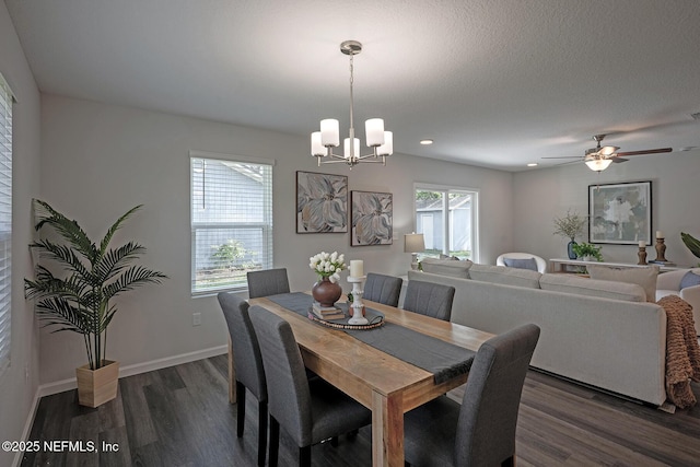 12252 Lyons St, Jacksonville, FL 32224 - dining area featuring dark wood-type flooring, a chandelier, baseboards, recessed lighting, and ceiling fan