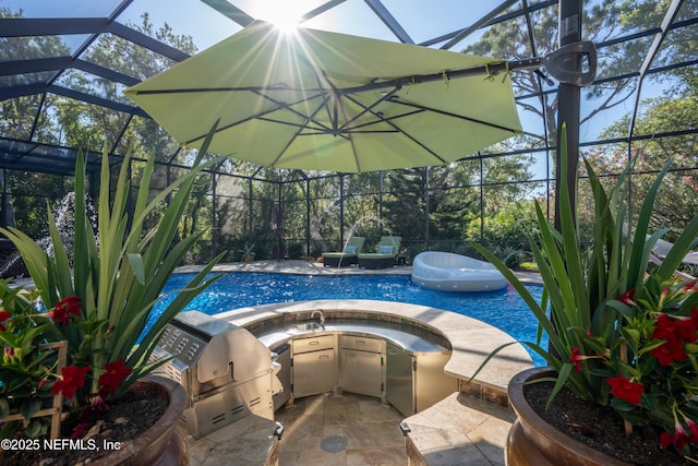 8 Rue Renoir, Palm Coast, FL 32137 - view of swimming pool with glass enclosure, a pool with connected hot tub, and a patio