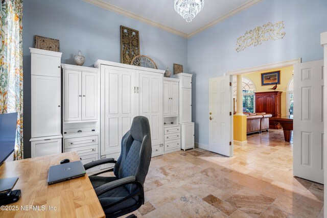 8 Rue Renoir, Palm Coast, FL 32137 - office featuring ornamental molding, light stone finish flooring, a high ceiling, a chandelier, and baseboards