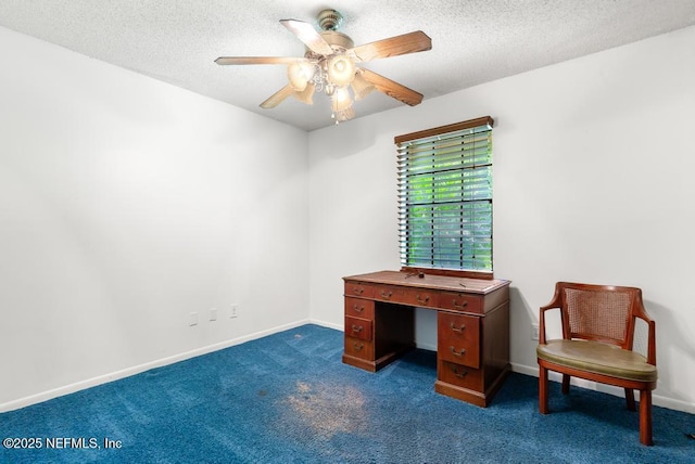 5342 Hickson Rd, Jacksonville, FL 32207 - unfurnished office with ceiling fan, dark carpet, a textured ceiling, and baseboards