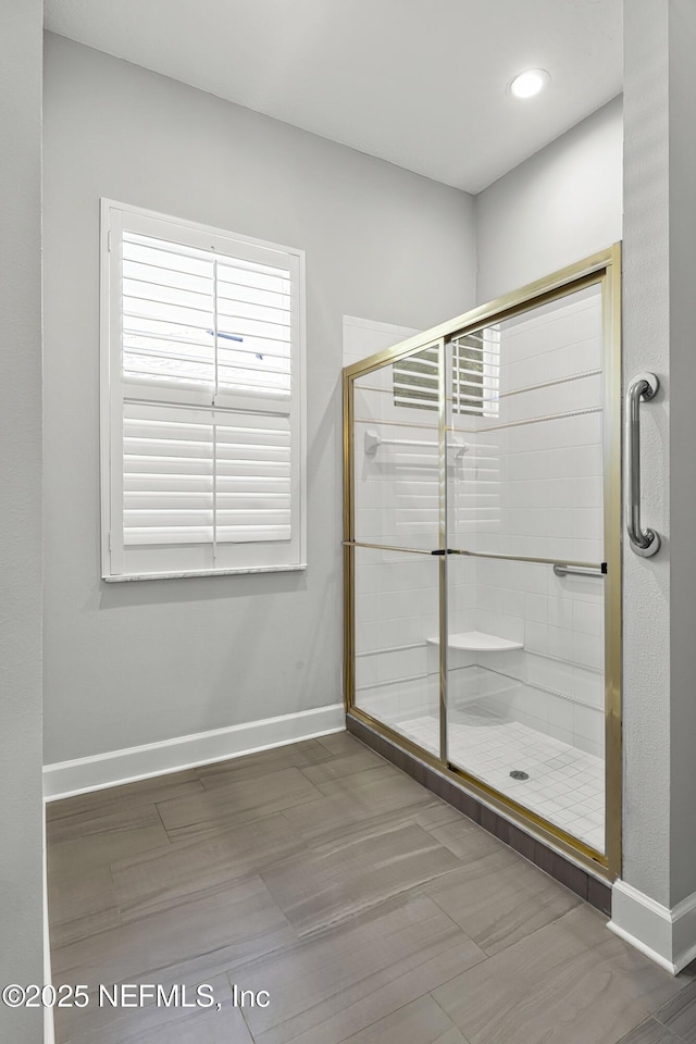1141 Glengad, Ormond Beach, FL 32174 - full bathroom with a shower stall, wood finished floors, and recessed lighting