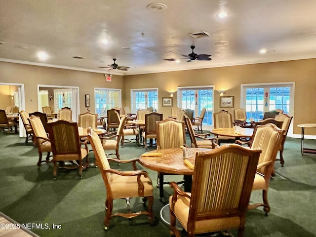 1141 Glengad, Ormond Beach, FL 32174 - carpeted dining area featuring a ceiling fan, crown molding, and recessed lighting