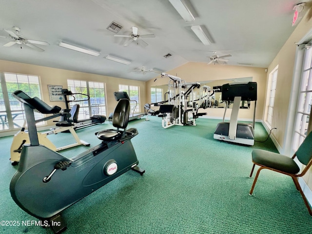 1141 Glengad, Ormond Beach, FL 32174 - workout area with a ceiling fan, vaulted ceiling, and carpet floors