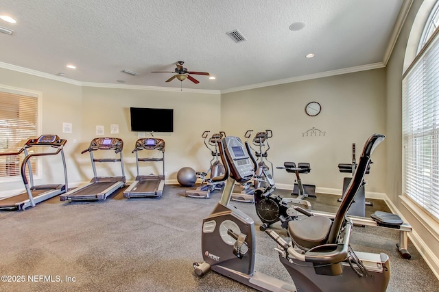 73 Amacano Ln, Saint Augustine, FL 32084 - gym featuring ceiling fan, a textured ceiling, baseboards, recessed lighting, and ornamental molding