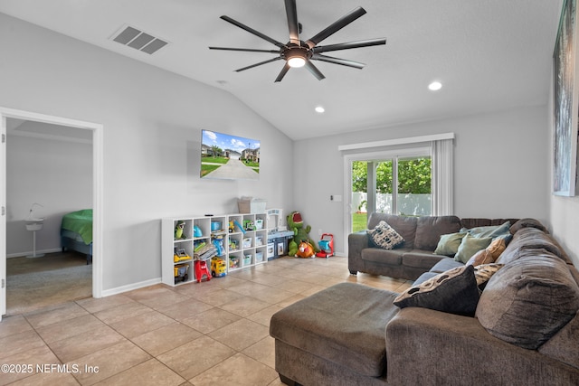 1929 Rock Springs Way, Middleburg, FL 32068 - living room featuring vaulted ceiling, ceiling fan, light tile patterned flooring, recessed lighting, and baseboards