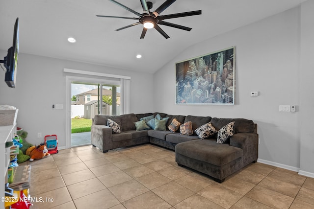 1929 Rock Springs Way, Middleburg, FL 32068 - living room featuring lofted ceiling, a ceiling fan, recessed lighting, baseboards, and light tile patterned flooring