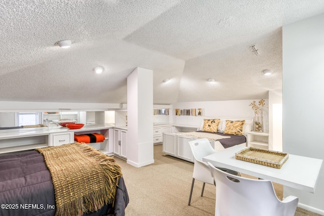 3115 Harbor Dr, Saint Augustine, FL 32084 - bedroom featuring a textured ceiling, light carpet, and vaulted ceiling