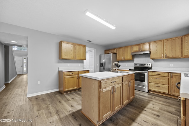 172 King Arthur Ct, Saint Augustine, FL 32086 - kitchen featuring appliances with stainless steel finishes, under cabinet range hood, a sink, wood finished floors, and light countertops
