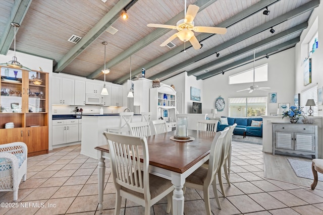 5473 Pelican Way, Saint Augustine, FL 32080 - dining area featuring ceiling fan, wood ceiling with exposed beams, high vaulted ceiling, track lighting, and light tile patterned floors