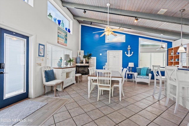 5473 Pelican Way, Saint Augustine, FL 32080 - dining room with wooden ceiling with exposed beams, ceiling fan, high vaulted ceiling, tile patterned floors, and track lighting