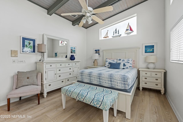5473 Pelican Way, Saint Augustine, FL 32080 - bedroom with light wood-style floors, wooden ceiling with exposed beams, baseboards, ceiling fan, and a towering ceiling