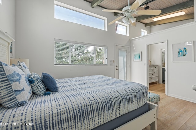5473 Pelican Way, Saint Augustine, FL 32080 - bedroom featuring light wood-type flooring, a high ceiling, wood ceiling with exposed beams, and a ceiling fan