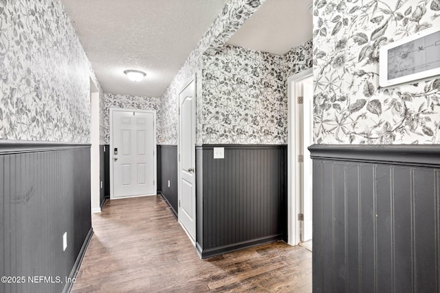 4318 Warm Springs Way, Middleburg, FL 32068 - bathroom featuring wallpapered walls, a wainscoted wall, wood finished floors, and a textured ceiling