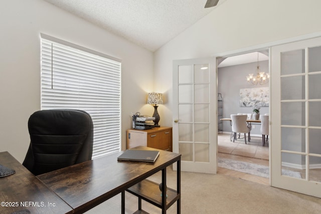 2000 Belhaven Dr, Orange Park, FL 32065 - office space with french doors, a chandelier, vaulted ceiling, light carpet, and a textured ceiling