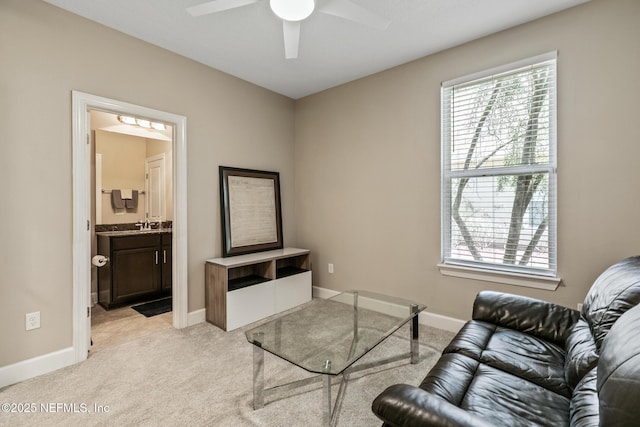 117 S Durbin Pkwy, Saint Johns, FL 32259 - living area featuring a ceiling fan, light colored carpet, and baseboards