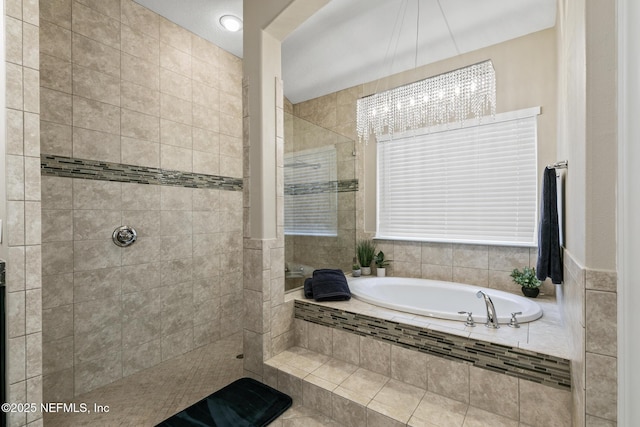 117 S Durbin Pkwy, Saint Johns, FL 32259 - full bathroom with a bath, tiled shower, and a chandelier