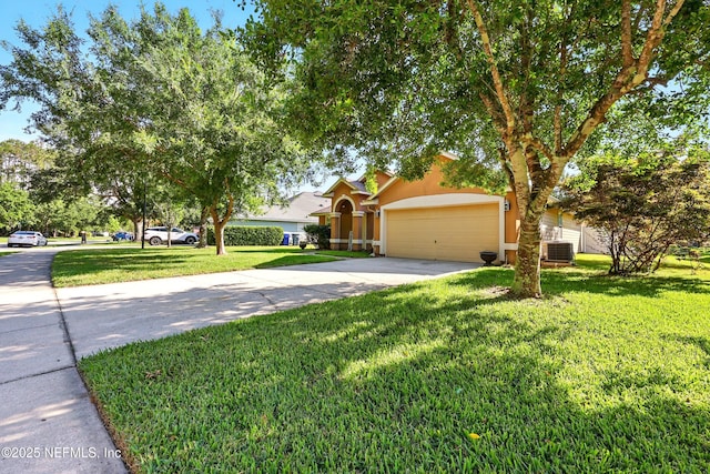 372 Johns Creek Pkwy, Saint Augustine, FL 32092 - view of front of home featuring concrete driveway, stucco siding, a front yard, a garage, and cooling unit
