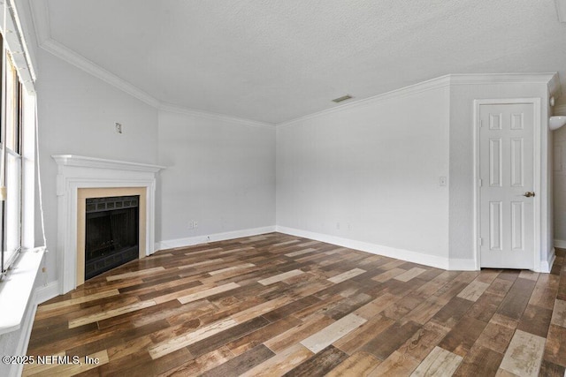 833 Shoreline Cir, Ponte Vedra Beach, FL 32082 - unfurnished living room with wood finished floors, a fireplace, crown molding, baseboards, and a textured ceiling