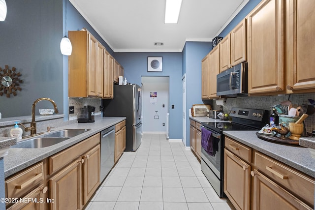 13808 Herons Landing Way Unit 8, Jacksonville, FL 32224 - kitchen with stainless steel appliances, a sink, light tile patterned flooring, backsplash, and crown molding