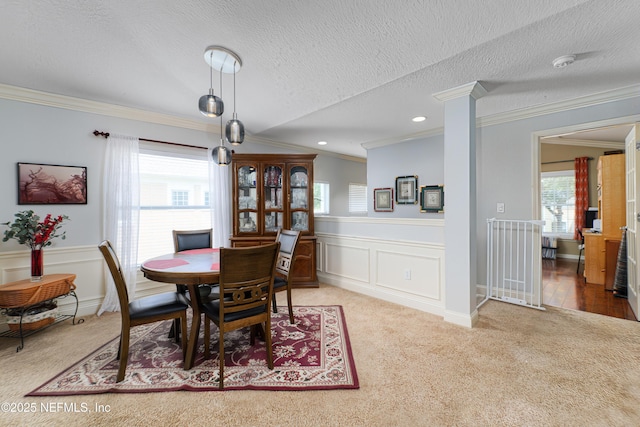 11889 Surfbird Cir Unit 10F, Jacksonville, FL 32256 - carpeted dining space featuring ornamental molding, healthy amount of natural light, wainscoting, a textured ceiling, and a decorative wall