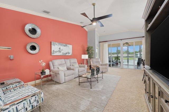 11889 Surfbird Cir Unit 10F, Jacksonville, FL 32256 - carpeted living room featuring a ceiling fan, ornamental molding, baseboards, and high vaulted ceiling