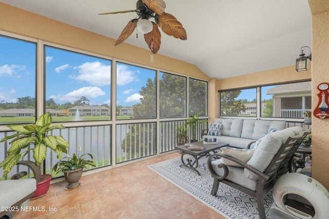 11889 Surfbird Cir Unit 10F, Jacksonville, FL 32256 - sunroom / solarium featuring a water view, ceiling fan, outdoor lounge area, and lofted ceiling