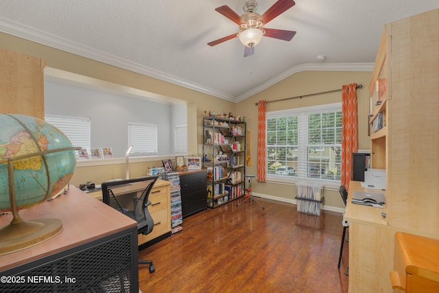 11889 Surfbird Cir Unit 10F, Jacksonville, FL 32256 - office featuring ceiling fan, wood finished floors, lofted ceiling, ornamental molding, and baseboards