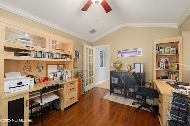 11889 Surfbird Cir Unit 10F, Jacksonville, FL 32256 - office with dark wood-style flooring, vaulted ceiling, ceiling fan, ornamental molding, and baseboards