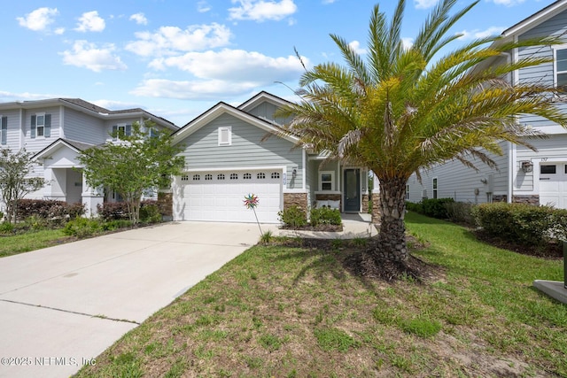 149 Ferndale Way, Saint Augustine, FL 32092 - view of front of home featuring a garage, stone siding, concrete driveway, and a front lawn