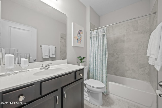 149 Ferndale Way, Saint Augustine, FL 32092 - bathroom with vanity, shower / bathtub combination with curtain, toilet, and tile patterned flooring